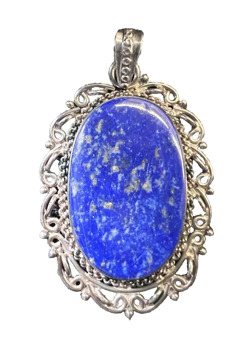 Sterling Silver Vintage Large Blue Lapis Lazuli Victorian Style Filigree Pendant